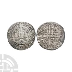 Coins - English Medieval Edward III - London - Pre Treaty Groat. 1356 A.D. Pre Treaty, Series F. Obv: facing bust within tressure with +EDWARD D G REX ANGL Z FRANC D HYB legend with 'crown' mintmark. 