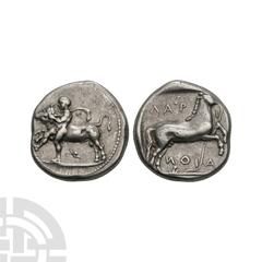 Coins - Greek Thessaly - Larissa - Horse AR Drachm 470-420 B.C. Obv: Thessalos, naked but for chlamys tied at his neck and blowing out behind, his petatos fallen to the ground, holding a band across t