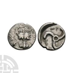 Coins - Greek Lycia - Trbbenimi - Lion Scalp AR 1/3 Stater 390-370 B.C. Obv: facing lion scalp. Rev: Lycian script TRB-BWNE-ME around triskeles rotating left, within incuse circle. Traité II-2, 475; M
