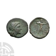 Coins - Greek Elis - Peloponnesos - Zeus Bronze 200-190 B.C. Obv: laureate head of Apollo right. Rev: F - A across fields (Latin F) with Zeus striding right, wielding thunderbolt and holding eagle on 