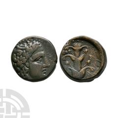Coins - Greek Cyrenaica - Cyrene - Apollo Bronze Before 308 B.C. Obv: laureate bust of Apollo right. Rev: silphium plant. 11.75 grams. . Property of a Cambridgeshire, UK, gentleman. Accompanied by a p