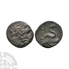 Coins - Greek Mysia - Pergamon - Serpent Bronze 1st century B.C. Obv: head of Asclepios right. Rev: inscription each side of serpent coiled round omphalos. Cf. SNG BN 1855 (Pergamum). 5.08 grams. . Pr
