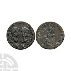 Coins - Roman Provincial Gordian III and Tranquillina - Singara - Tyche Bronze 243-244 AD. Obv: AYTOK K M ANT GORDIANOC CAB TRANKYLLINA CEB legend with laureate and cuirassed bust of Gordian III right