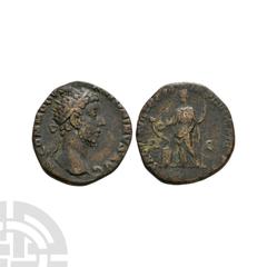 Coins - Roman Imperial Commodus - Salus AE Dupondius 182 A.D. Rome mint. Obv: M COMMODVS ANTONINVS AVG legend with radiate bust right. Rev: SALVS AVG TR P VII IMP IIII COS III P P legend with Salus st