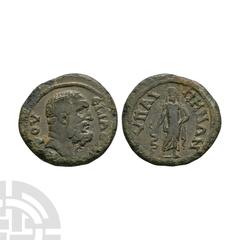 Coins - Roman Provincial Lydia Hypaepa - Herakles Bronze 117-138 A.D. Magistrate Athenodoros. Obv: EPI AQHNODWROY legend with bearded head of Herakles right. YPAIPHNWN legend with Asklepios standing f