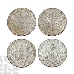 Coins - World Germany - 1972 - Munich Olympics - Silver 10 Marks [2] Dated 1972 A.D. Hamburg mint. Obv: eagle with 'J' mintmark below right and BUNDESREPUBLIK DEUTSCHLAND 10 DEUTSCHMARK legend. Rev: c