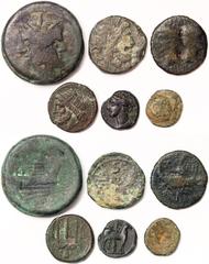 Roman coins Empire Lot with 6 pieces: Anonymous issue (157-155 BC) Janus Asse + Anonymous issue (ca. 91 BC) Semisse + Augustus with Agrippa (27 BC-14 AD) Dupondius of Nemausus/Nimes + Hieron II (275-2