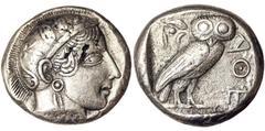 Greek coins Attica Athen Tetradrachm n.d. (ca. 454-404 BC) Helmeted head of Athena r. / Owl standing r., head facing.Slightly cleaned HGC 4. 17.40 g. VF+