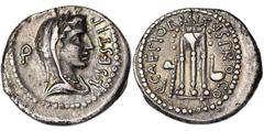 Roman coins Republic M. Junius Brutus (42 BC) Denarius Servilius Caepio.Military mint traveling with Brutus in Asia Minor, 42 BC.Veiled and draped bust of Libertas right / tripod between sacrificial a