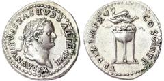 Roman coins Empire Titus (79-81 AD) Denarius Rome IMP TITVS CAES VESPASIAN AVG P M, laureate head right / TR P IX IMP XV COS VIII P P, tripod with fillets, dolphin above. Ag. RIC 128. 3.57 g. XF