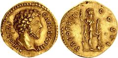 Coins - Ancient World Roman Empire Marcus Aurelius Aureus 158 - 159 AD Virtus RIC III# 480B, N# 260625; Gold 7.31 g.; Rv: Bust of Marcus Aurelius, a legend: AVRELIVS CAES AVG PII F; Obv: Virtus, helme