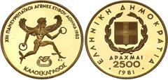 Coins - Europe Greece 2500 Drachmai 1981 KM# 128, N# 78269; Gold (.900) 6.45 g., Proof; 1982 Pan-European Games, Athen