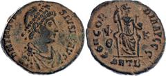 Coins - Ancient World Roman Empire Theodosius I Follis 379 - 383 AD RIC# 46e; Bronze 2.78 g.; Obv:Pearl-diademed, draped and cuirassed bust right. rev: Concordia seated facing, head left, holding glob