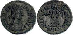 Coins - Ancient World Roman Empire Theodosius I Follis 384 - 397 AD RIC# 39b, N# 58308; Bronze 1.26 g.; Obv: D N THEODO-SIVS P F AVG, Pearl-diademed, draped, and cuirassed bust right. Rev: VICTOR-IA A