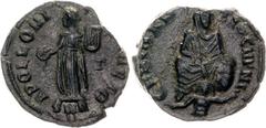 Coins - Ancient World Roman Empire Maximinus Daia 1/12 Nummus 310 - 313 AD Apollo Bronze 1.64 g.; Obv: GENIO ANTIOCHENI, Tyche of Antioch seated facing on rock, river-god Orontes swimming at her feet.