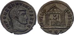 Coins - Ancient World Roman Empire Maxentius Follis 308 - 310 AD RIC# 210; Bronze 6.04 g.; Obv: IMPCMAXENTIVSPFAVG - Laureate head right. Rev: CONSERVVRBSVAE Exe: RBS - Temple with six columns; Roma s