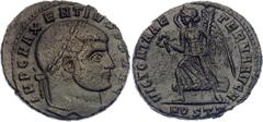 Coins - Ancient World Roman Empire Maxentius Follis 309 - 312 AD RIC# 54; Bronze 5.13 g.; Obv: IMPCMAXENTIVSPFAVG, laureate head right. Rev: VICTORIAAETERNAAVGN. Victory advancing left, holding wreath