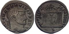 Coins - Ancient World Roman Empire Maxentius Follis 309 AD RIC# 126; Bronze 6.63 g.; Obv: IMPCMAXENTIVSPFAVG - Laureate and bearded head right; Rev: CONSERVVRBSVAE Exe: S - Temple with six columns, Ro