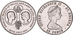 Coins - Africa Saint Helena 25 Pence 1981 KM# 9, N# 11107; Copper-nickel; Elizabeth II; Royal Wedding 1981; Mintage 50000 pcs.; UNC with mint luster