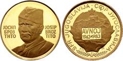 Coins - Europe Yugoslavia Gold Medal "Broz Tito - 40th Anniversary of 2nd AVNOJ Meeting in Jajce" 1983 N# 381912; Gold (.900) 4.02 g., 20 mm., Proof; Obv: ЈОСИП / БРОЗ / ТИТО - JOSIP / BROZ / TITO. Bu