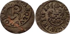 Coins - Europe Livonia Riga 1 Solidus 1660 Imitating Carl XI KM# 55; Copper; Suceava counterfeit; Date read as 166(0); The exact lettering of the surrounding legend may vary. In 1662, under the reign 