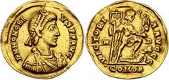 Coins - Ancient World Roman Empire Honorius AV Solidus 395 - 402 AD (ND) Mediolanum RIC# 1206, Depeyrot 16/2; Gold 4.34 g.; Obv: DNHONORIVSPFAVG - Diademed, draped, and cuirassed bust right; Rev: VICT