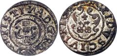 Coins - Europe Livonia Riga 1 Solidus 1660 Imitating Christina KM# 21, N# 41643; Copper 0.62 g.; Suceava counterfeit; Date read as (16)60; The exact lettering of the surrounding legend may vary. In 16