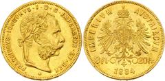 Gold Coins Austria 20 Francs / 8 Florin 1884 KM# 2269; Gold (.900), 6.45 g. Mintage 91016
