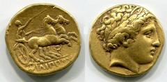 Kings of Macedonia Philip II. 359-336 BC. AV Stater 8.57g 18mm; Pella III A mint. Struck under Philip III, circa 323-315 BC. Laureate head of Apollo right / ΦΙΛΙΠΠΟΥ in exergue, charioteer driving big
