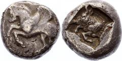 Ancient World Dynasts of Lycia. Uncertain dynast. 490/80-440/30 BC. AR stater. Pegasos flying left / Forepart of a bull left within pelleted square border within incuse square. SNG von Aulock 4080. VF