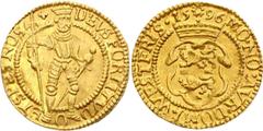 Netherlands West Friesland Ducat 1596 Delmonte 833. Friedberg 291; imitating a Hungarian dukat. Gold, 3.44g. Obv. DEVS FORTITVDO ET SPES NOS Imperial figure standing facing, holding axe and globus cru