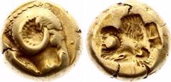 Coins - Ancient World Ancient Greece Lesbos Mytilene Hekte Electrum 521 - 478 BC Head of a ram to right, below rooster feeding to left. Rev. incuse lion's head with open jaws to right, behind rectagul