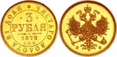 Russia (1854-1881) - Alexander II Russia 3 Roubles 1878 СПБ НФ PROOF!!! Bit# 41 R; Gold, Proof Cameo! Extremely rare coin in proof quality! With Moscow State Museum Certificate signed by Shiryakov con