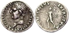 Coins - Ancient World Roman Empire Denarius 69 AD, Vitellius Silver 2,33 g.; Obv: A VITELLIVS IMP GERMANICVS: Head of Vitellius, laureate, left; globe at point of neck. Rev: CONSENSVS EXERCITVVM: Mars