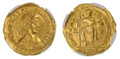 Ancient Coins Western Roman Empire Valentinian III, AD425-455 AV Solidus (Au). Ravenna. Obverse: Rosette-diademed, draped and cuirassed bust. Reverse: VICTORI – A AVGGG Emperor standing facing, holdin
