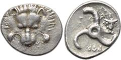 DYNASTS OF LYCIA. Perikles (Circa 380-360 BC). 1/3 Stater. Obv: Facing scalp of lion. Rev: Triskeles; to right, draped bust of Hermes facing slightly left and wearing petasos; Lycian legend around; al