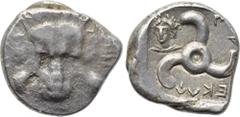 DYNASTS OF LYCIA. Perikles (Circa 380-360 BC). 1/3 Stater. Obv: Facing scalp of lion. Rev: Triskeles; to left, draped bust of Apollo facing slightly left; Lycian legend around; all within incuse squar