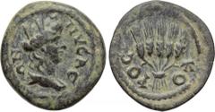 LYDIA. Nysa. Pseudo-autonomous. Time of Antoninus Pius (138-161). Ae. Obv: NYCAEΩN. Head of Tyche right, wearing mural crown. Rev: KOPOC. Bundle of five grain ears. RPC IV online 1489. Condition: Very