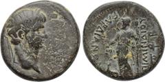 LYDIA. Sardeis. Nero (54-68). Ae. Mindius, magistrate. Obv: NEPΩN KAIΣAP. Laureate head right. Rev: EΠΙ MINΔIOY ΣAPΔIANΩN. Dionysus standing left, holding thyrsos and pouring from kantharos; three mon