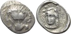 DYNASTS OF LYCIA. Zagaba (Circa 400-380 BC). Third Stater. Obv: Facing lion's scalp. Rev: Helmeted head of Athena facing slightly left, monogram to right; lycian legend around. Vismara -; BMC -; SNG v