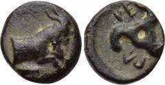 DYNASTS OF LYCIA. Perikles (Circa 380-360 BC). Ae. Obv: Forepart of a goat right; below, club(?). Rev: Triskeles; dynast's name in Lycian around. SNG von Aulock 4259-60 (control); Svoronos, Mavromicha