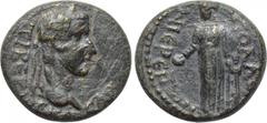 LYDIA. Apollonoshieron. Tiberius (14-37). Ae. Obv: TIBЄPIOC KAICAP. Laureate head right. Rev: AΠOΛΛΩNIЄPЄITΩN. Apollo standing facing, head left, holding patera and lyre. RPC I 3043. Condition: Very f
