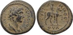 LYDIA. Thyateira. Pseudo-autonomous. Time of Trajan to Hadrian (98-138). Ae. Obv: IЄPA CVNKΛHTOC. Draped bust of the Senate right. Rev: TVPIMNOC ΘVA. Tyrimnaius riding horse right, holding bipennis. R