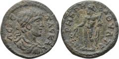 LYDIA. Thyateira. Geta (Caesar, 198-209). Ae. Obv: Λ C ΓЄTAC KA. Laureate, draped and cuirassed bust right. Rev: ΘVATЄIPHNΩN. Apollo standing left, holding branch and bipennis. SNG Copenhagen 614. Con