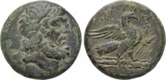 LYDIA. Tralleis. Ae (2nd-1st centuries BC). Obv: Laureate head of Zeus right. Rev: ΤΡΑΛΛΙΑΝΩΝ. Eagle standing right on thunderbolt; in right field, palm branch. SNG Copenhagen 675. Ex Dr. P. Vogl coll