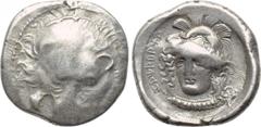 DYNASTS OF LYCIA. Zagaba (Circa 400-380 BC). Third Stater. Obv: Facing lion’s scalp. Rev: Helmeted head of Athena facing slightly left. Lycian legend around. SNG Copenhagen - (cf. Supp. 469); Vismara 