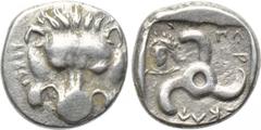DYNASTS OF LYCIA. Perikles (Circa 380-360 BC). 1/3 Stater. Obv: Facing lion's scalp. Rev: Triskeles; bust of Apollo in left field. SNG Copenhagen -; SNG von Aulock -; BMC -; Isegrim -; cf. Roma Numism