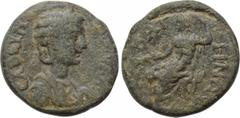 LYDIA. Bageis. Tranquillina (Augusta, 241-244). Ae. Obv: CABЄINIA [...]. Draped bust right, wearing stephane. Rev: BAΓHNΩN. Uncertain figure (Zeus?) seated left on throne, holding patera and sceptre. 