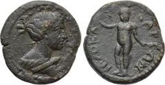 LYDIA. Hierocaesarea. Pseudo-autonomous. Ae (1st century AD). Obv: Draped bust of Artemis right, holding bow and quiver behind back. Rev: IEPOKAICAPEΩN. Naked boy standing facing, right hand raised. I
