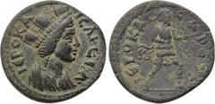 LYDIA. Hierocaesarea. Pseudo-autonomous. Time of the Severans (193-235). Ae. Obv: IЄPOKAICAPЄIA. Turreted and draped bust of Tyche right. Rev: IЄPOKAICAPЄIA. Artemis advancing right, drawing bow. Cf. 